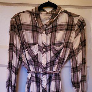 BeachLunchLounge Black & White Plaid Button-Down Dress with Tie Belt S XL